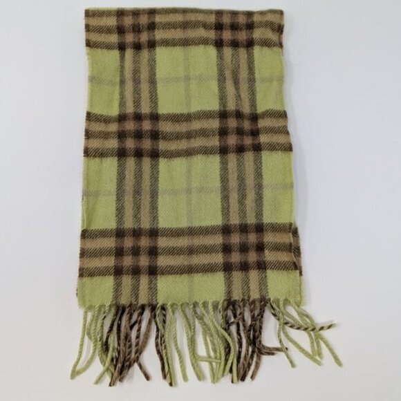 Burberry Pastel Sage Nova Check Classic Plaid Fringe Small Cashmere Scarf Soft - Picture 2 of 10